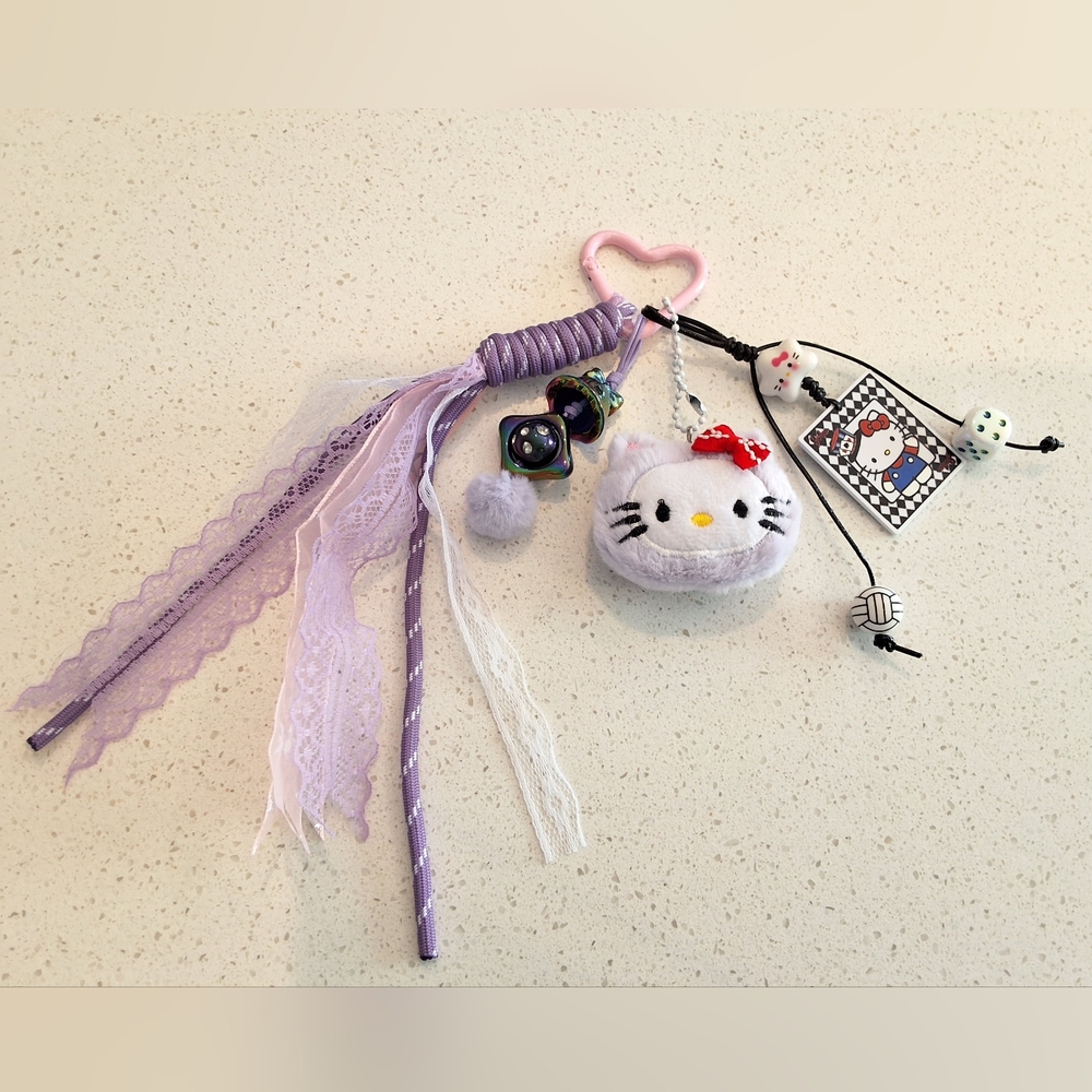 Handmade Purple Hello Kitty Plush Keychain Bag Charm With Pink Heart Clasp, NEW